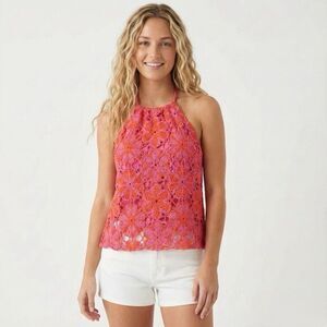 NWT Ramy Brook Atla Crochet Halter Top in orange and pink.  Size small